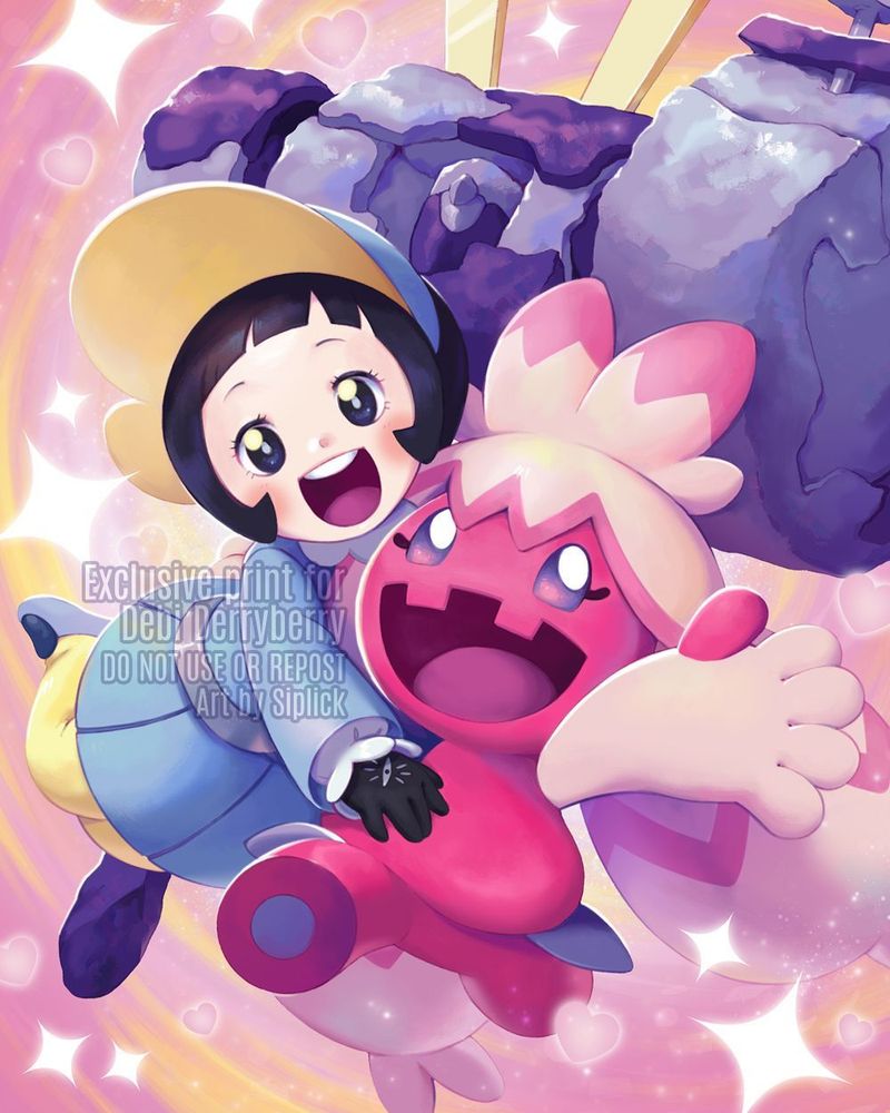 Digital illustration of Poppy and Tinkaton (from Pokémon) holding each other together and smiling brightly at the camera while enveloped by hearts and sparkles in a very cutesy picture. 