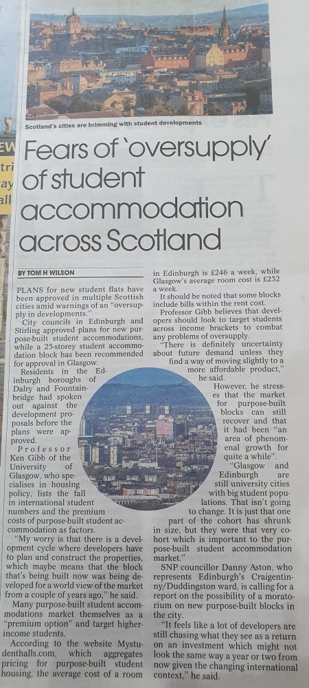 Newspaper article headlined "Fears of 'oversupply' of student accommodation 