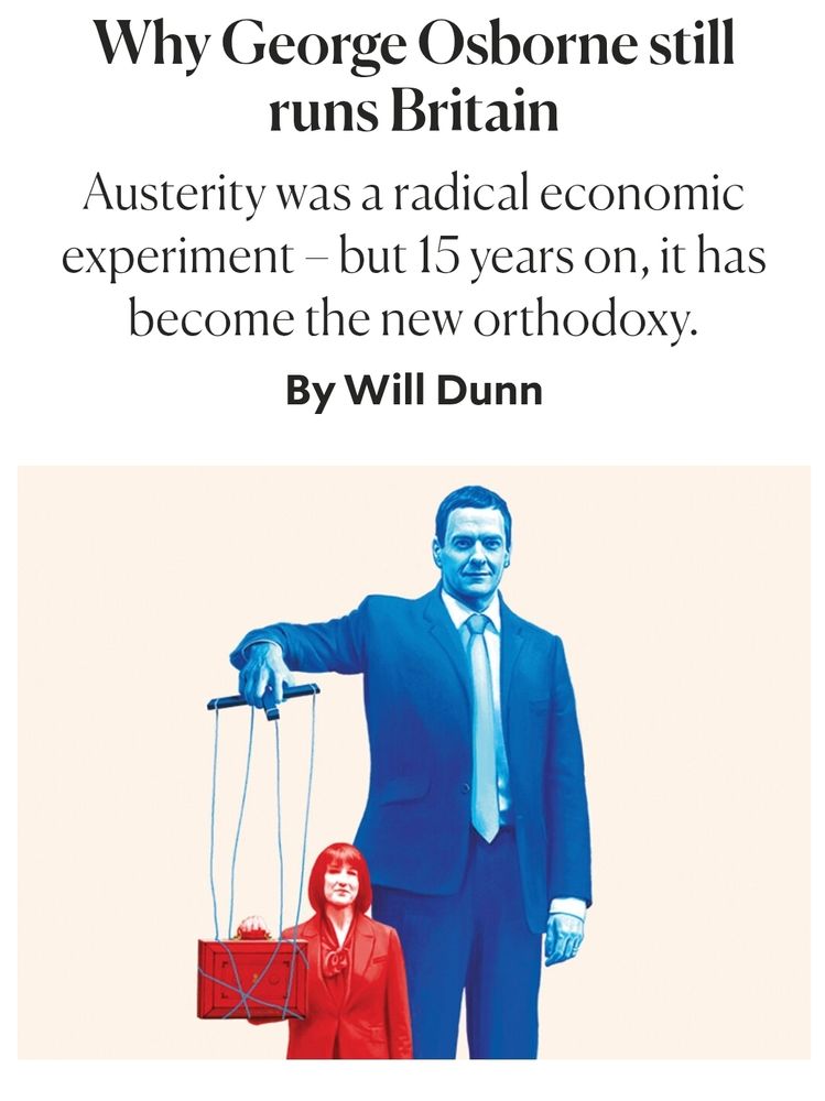 Image of a blue George Osborne holding the strings of a red Rachel Reeves like she's a marionette, with the New Statesman headline - 'Why George Osborne still runs Britain'