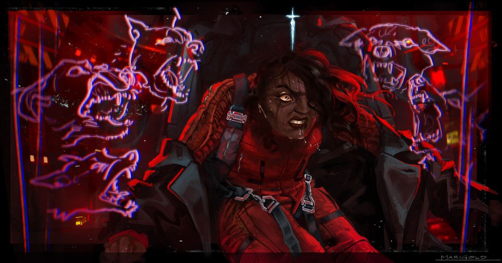 black woman in a mech having the worst day of her life, sweating, drooling, maniacal, sorrounded by visions of aggressive dogs.