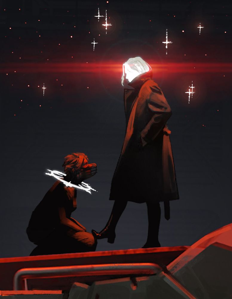 wide shot of a canine mech with its head flat to the ground. the foreground shows its claws with chainsaw blades on the insides. 
On the head / cockpit of the mech, theres two people; a woman in wide coat, her head shining a bright red and face not recognizable from the lightbloom. She steps on another person in kneeling position with a collar made of light around their neck. They are sorrounded by little red stars, some shaped like the daggers inside of the light collar.