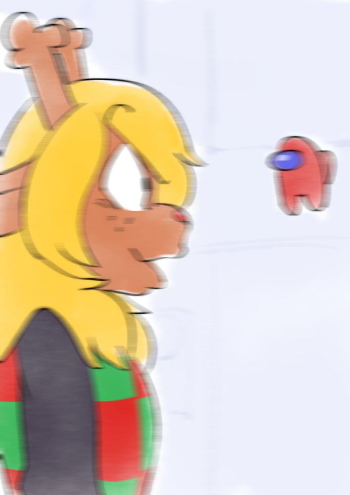 Noelle looking at an Among Us, pogging; picture has motion blur