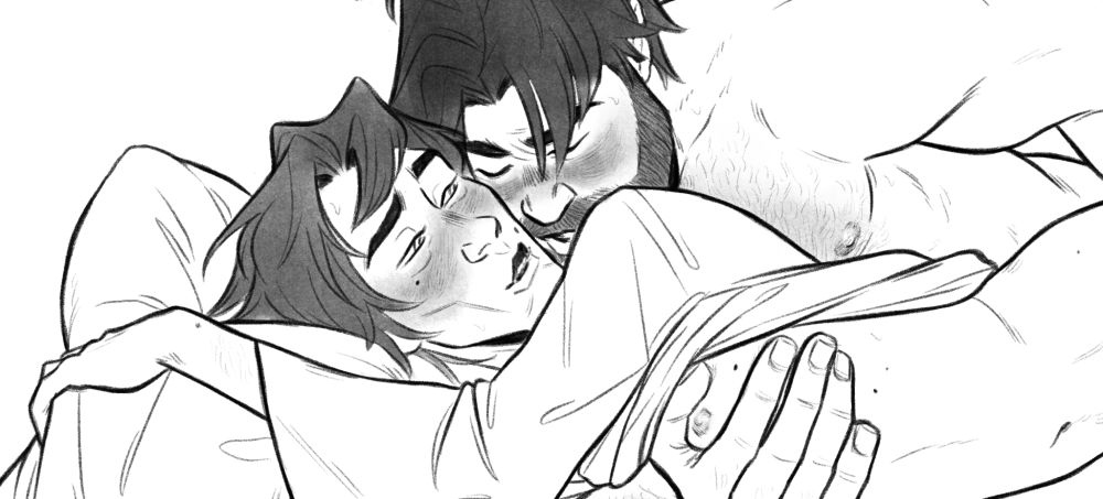 sneak peek of a drawing of Jayce and Viktor post canon having an intimate moment. Jayce is holding Viktor from behind, he pulled up his shirt and is grabbing Viktor's breast, while Viktor is looking back at Jayce expectantly.