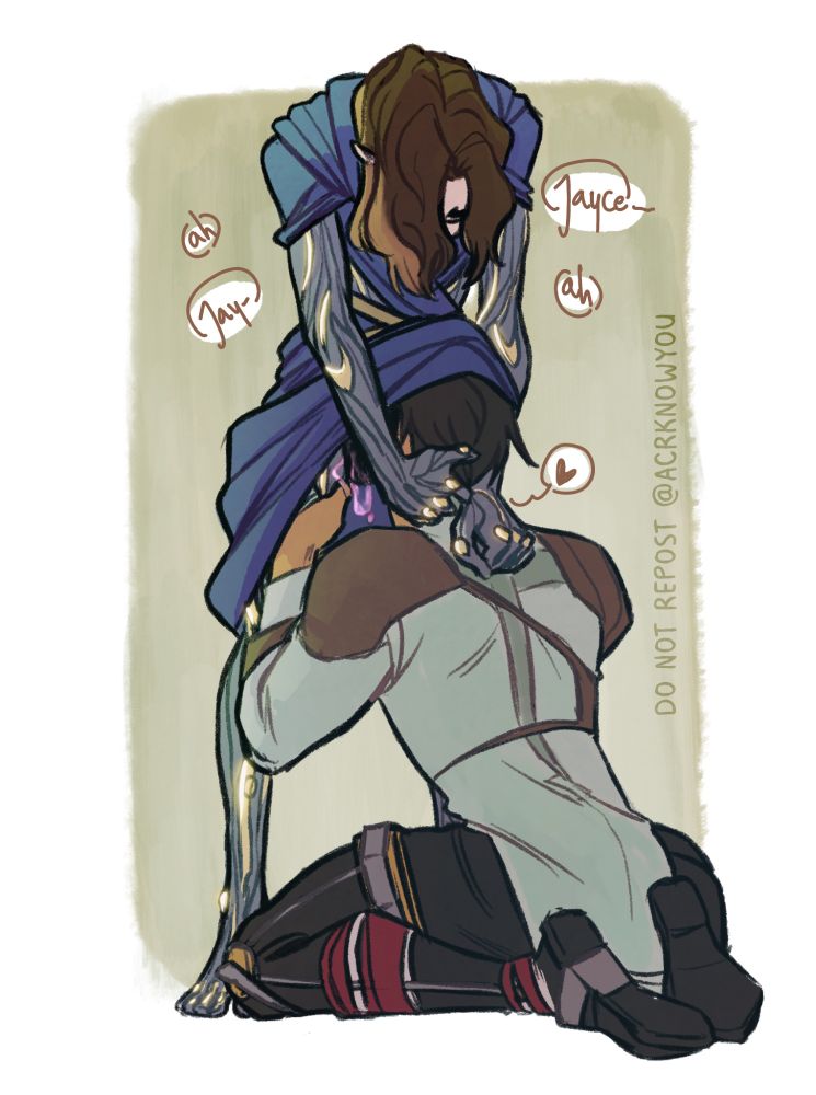 drawing of season 2 Jayce kneeling in front of a standing commune Viktor. Jayce got under his robe and is eating him out while Viktor is holding on to his head between his legs 