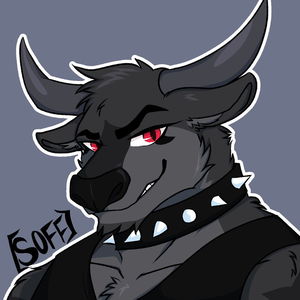 lined colored digital art of a bull character in grey tones with red eyes