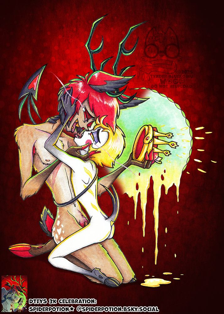 A traditionally drawn artwork using Ink, Copic, Pencil Crayon, and Acrylic Paint on 160lb textured paper. Then finished off with digital to add the red background.

Alastor and Lucifer are about to fully embrace in a passionate kiss. Their mouths are open and their tongues are reaching out, about to touch. Both have tears in the corners of their eyes as they are overcome with emotion for each other. 

Both are naked and Lucifer sits in a straddling pose on Alastor's lap who is in a kneeling sitting position. Lucifer's heart spade tail is raised and is woven around them tightly holding them as close together as possible. Lucifer has one arm wrapped around and his hand is just visible as it touches the back of Alastor's neck. With his other hand he is running his finger's through Alastor's hair. Alastor's antler's are large and fully extended.

Alastor is lovingly cradling and caressing Lucifer's cheek, while his other hand holds an ornate crown belonging to Lucifer. It has a gold snake as its base with ruby jewel eyes and three golden forked piers, also adorned with red jewels. There is also a jewelled apple nestled in the side of the crown.

A stylized circle is behind the couple bringing focus to the crown in Alastor's hand, it is green with an intertwined woven border. The circle fades into dripping gold where there are large droplets on the ground.