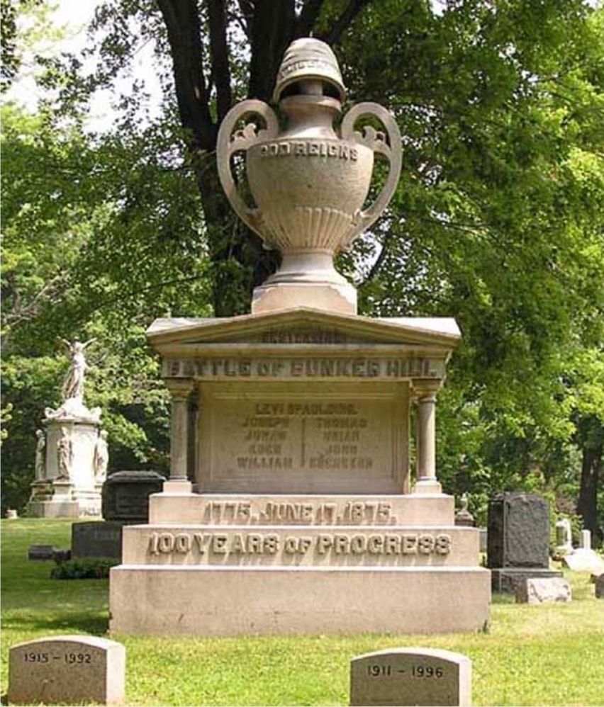 Spaulding memorial cenotaph at Buffalo NY, First Lawn Cemetery. Placed by Elbridge Gerry Spaulding June 17, 1875, exactly 100 years after the Battle of Bunker Hill. It commemorates the 9 Spauldings who fought in that battle. 