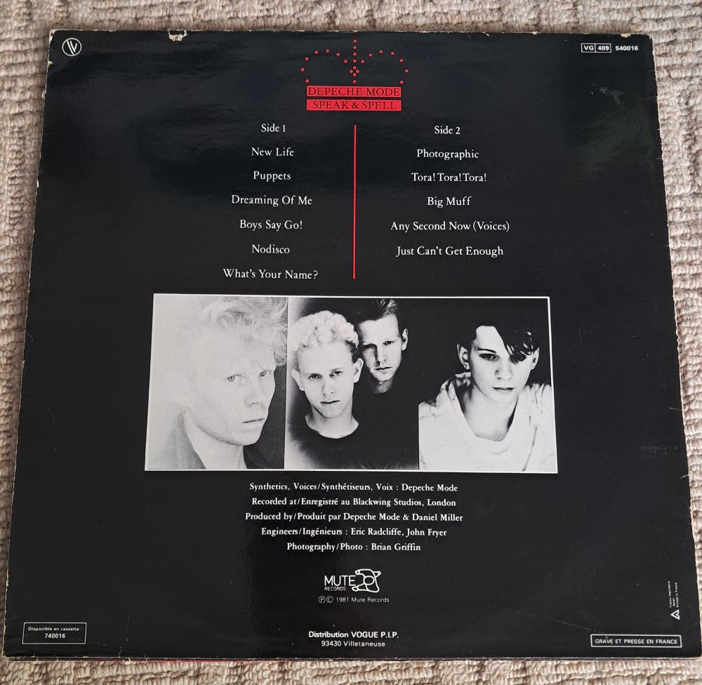 Image of the back cover of Depeche Mode LP Speak and Spell. The European version includes Dreaming of Me after Puppets and has removed the song 'I sometimes wish I was dead'