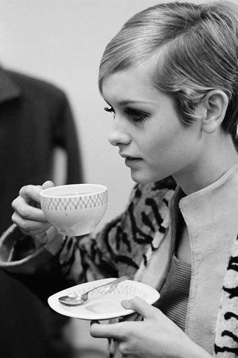 Twiggy with a cup of tea