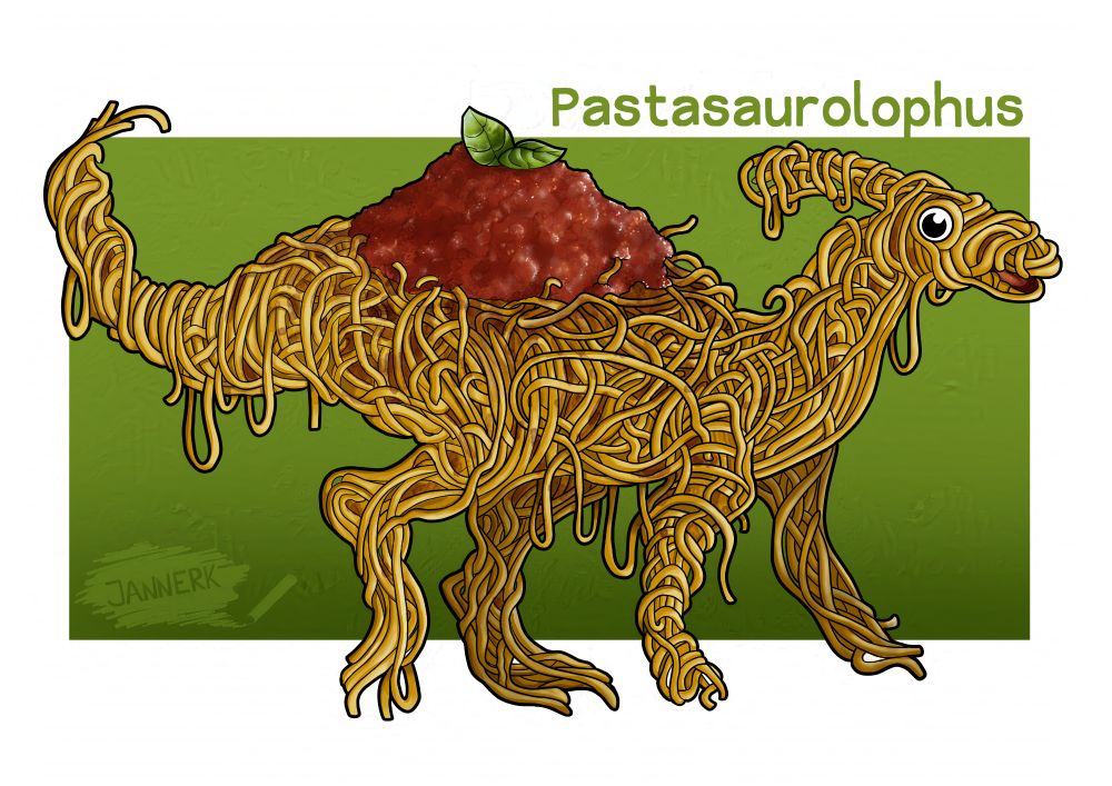 It's a cartoon style Parasaurolophus that is completely made out of interwoven spaghetti with a big pile of sauce on top.