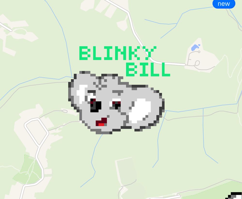 A screenshot from wplace showing a small pixel art face of beloved Australian children’s book icon Blinky Bill placed upon the valley his author created him in