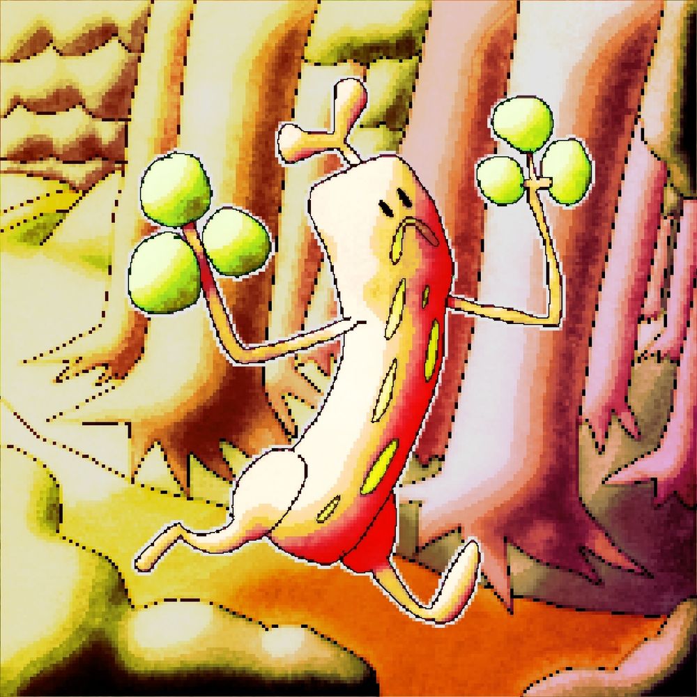 A sudowoodo running away from overcast skies into a forest