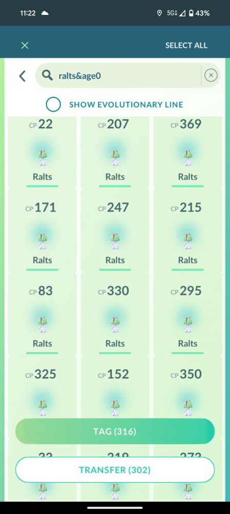 Pokemon GO list, search set to Ralts&age0. 316 can be tagged and 302 can be transferred.