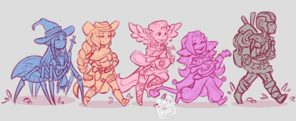 A lineup of a ttrpg group consisting of: a drider (half-spider) wizard in blue. A human gunslinger in orange. A human/ganzi oracle with wings in pink. A goblin cleric in purple. A human barbarian in grey.