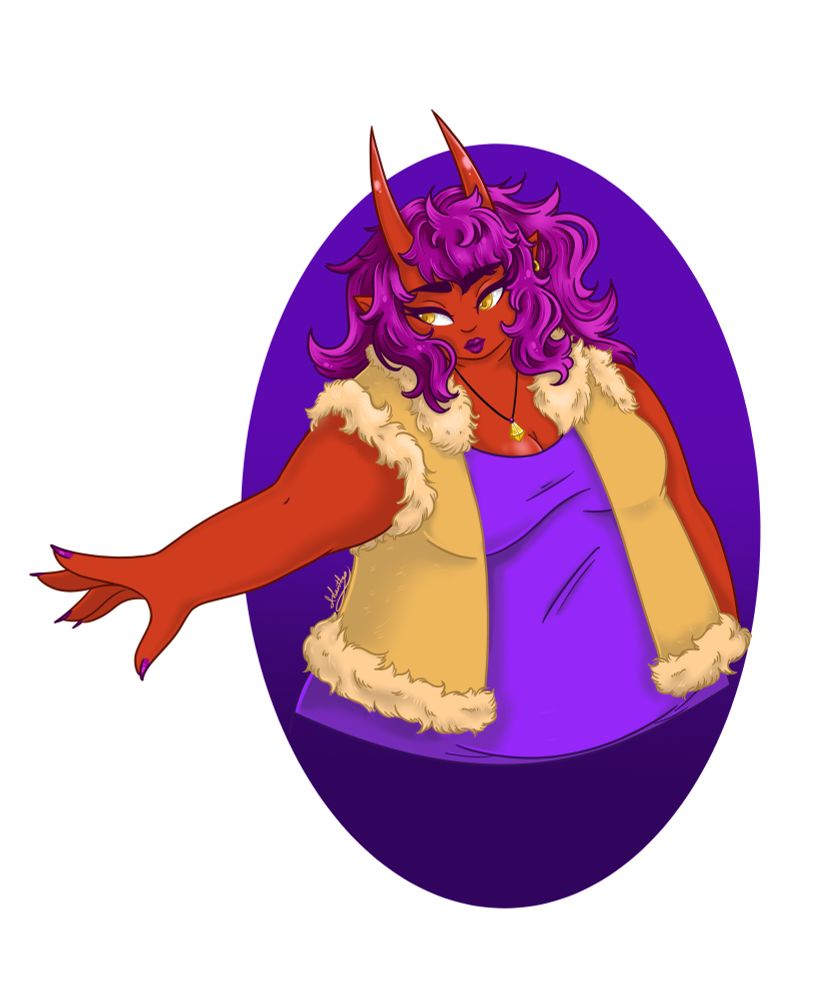 Half body raffle prize art for 600 followers. A plus sized woman with horns, purple hair, and a tan fur-lined vest with her hand outstretched 