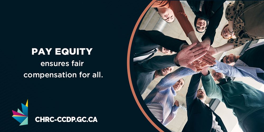 On the left side of the image, the text in white reads on a black background: “Pay equity ensures fair compensation for all.” On the right side of the image is a group of people gathered in a circle with one of their hands all touching in the center. 