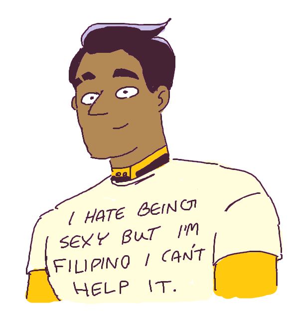 An MS Paint doodle of Sam Rutherford wearing a white t-shirt that reads, "I hate being sexy but I'm Filipino I can't help it." while smiling.