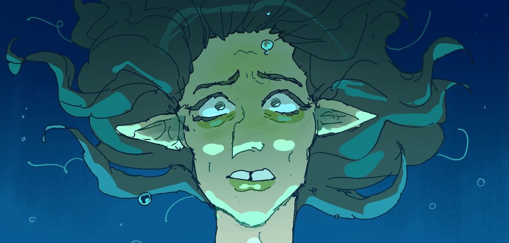 A Vulcan underwater, looking disturbed, with his hair billowing underwater. The light is coming from beneath her.