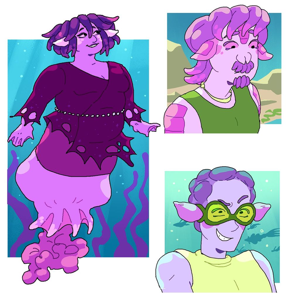 Three illustrations of purple aquatic aliens with tentacle hair and jellyish-like tails. The first Oromi has magenta clothes on and large pupils, as they have betazed ancestry. The second Oromi has small tentacles on their upper lip and chin, and have plating on their skin, as they're of mixed heritage as well. The last Oromi wears goggles and amputates their head tentacles.