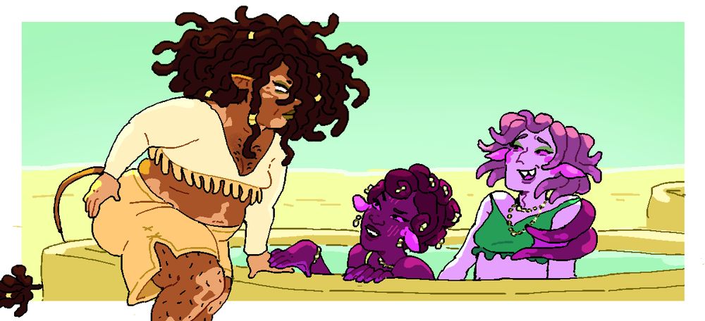 A scene with a Vulcan with vitiligo and locs is sitting near two Oromi. The first Oromi has her hand set upon the Vulcans and has her tentacles coiled up on her head like buns. She is pulling another Oromi close who is smiling nervously.