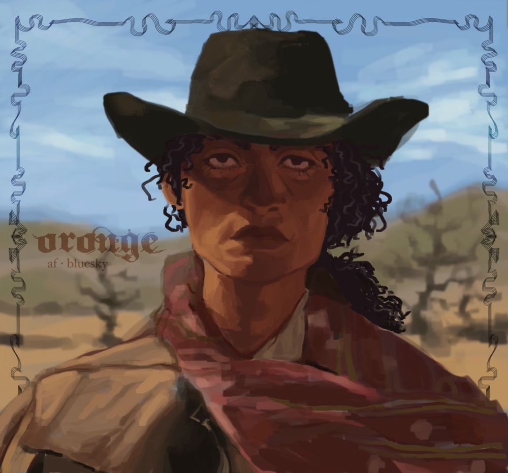 bust painting of bennet, a lesbian cowboy stuck in a timeloop. theyre looking straight at the viewer looking very done. there’s grey streaks in their hair. how long have they been in this timeloop? who knows.