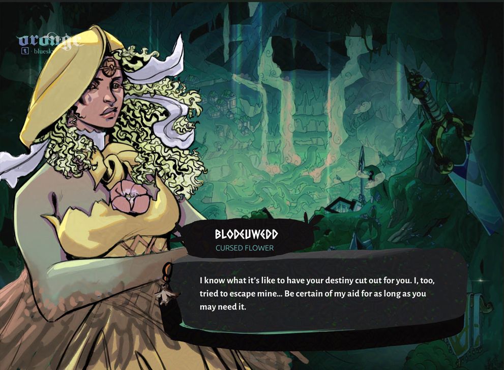 faux hades screenshot of welsh mythological goddess blodeuwedd. her design belongs to starbeansimul8R on ig