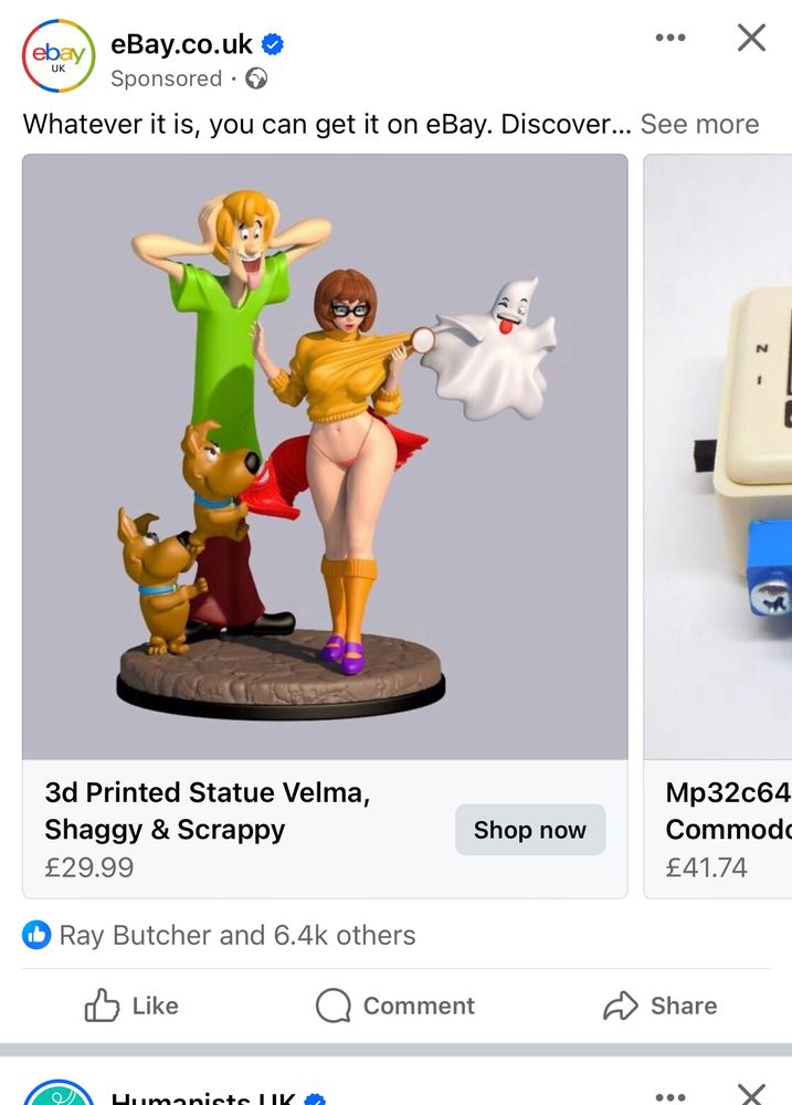 Picture shows an incredibly weird and inappropriate eBay advert from Facebook showing a 3D printed statue of the cast of Scooby doo. Velma’s clothes are being tugged off showing her wearing a skimpy thong.