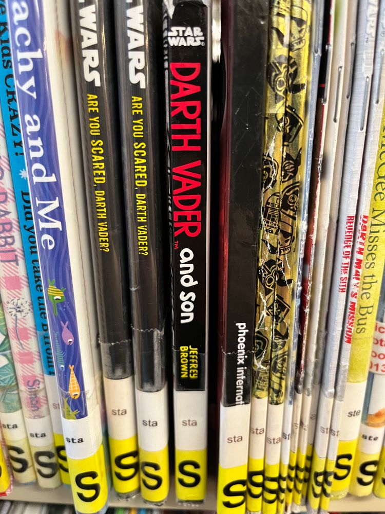 Library books on the shelf, one of them titled “Darth Vader and Son”