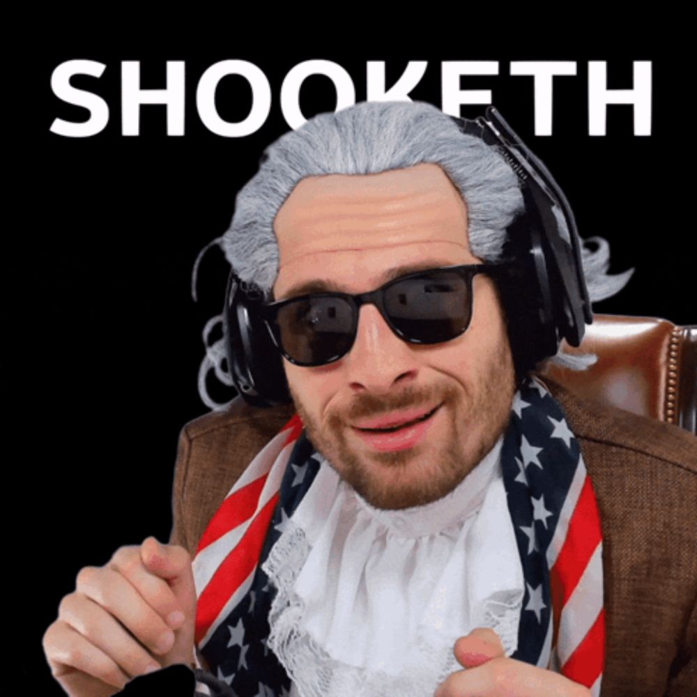 a man wearing sunglasses and a wig with the word shooketh written above him