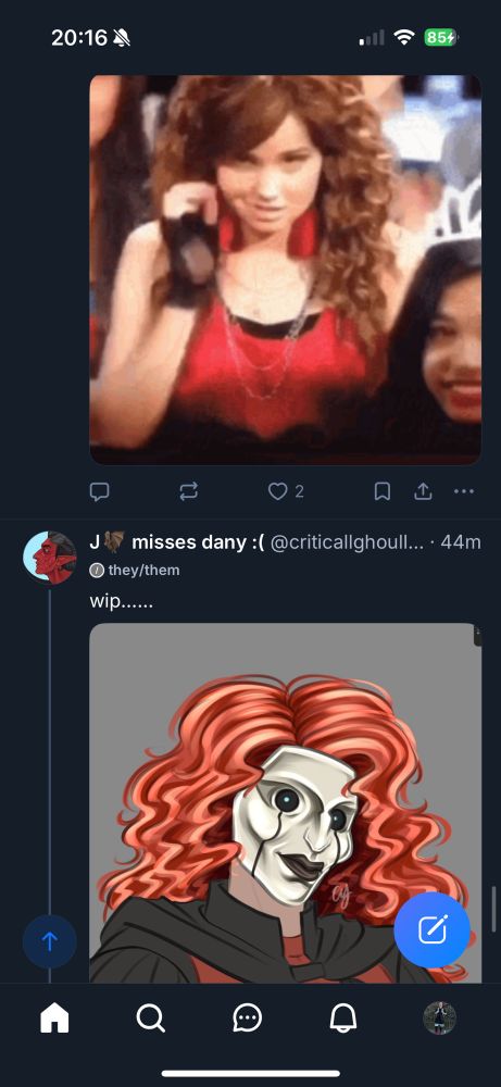 My skyline with a gif of Debby Ryan in a red shirt with fluffy hair doing her radio rebel hair swoosh followed by a wip by @criticallghoull.bsky.social
Wip is a character with a red shirt, black cape, white mask, and luscious red hair.
The gif and photo are strikingly similar in my eyes and made me do a double take 