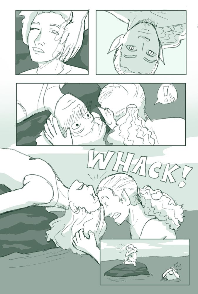 A third comic page. Someone gently slaps the sailor awake and she opens her eyes to see the merman upside-down above her. She panics and tris to sit up too fast, whacking her forehead against his. She curls up on the rock, holding her head in pain, while he does the same in the water.