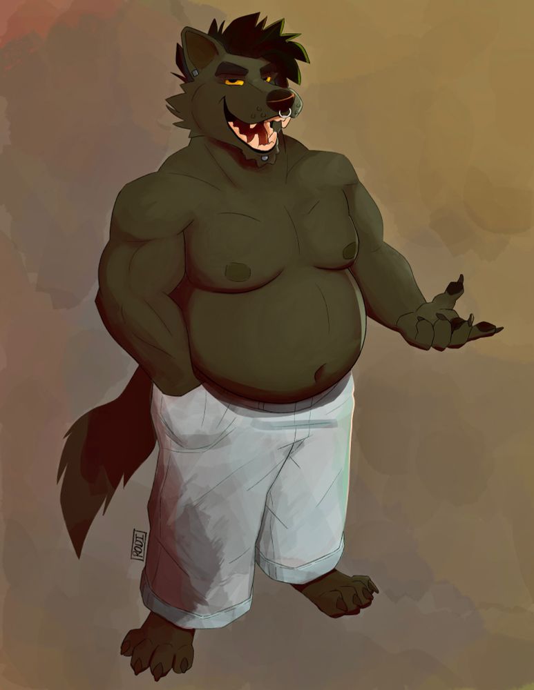 A dark green wolf holding out his hand and looking at you with a confident expression