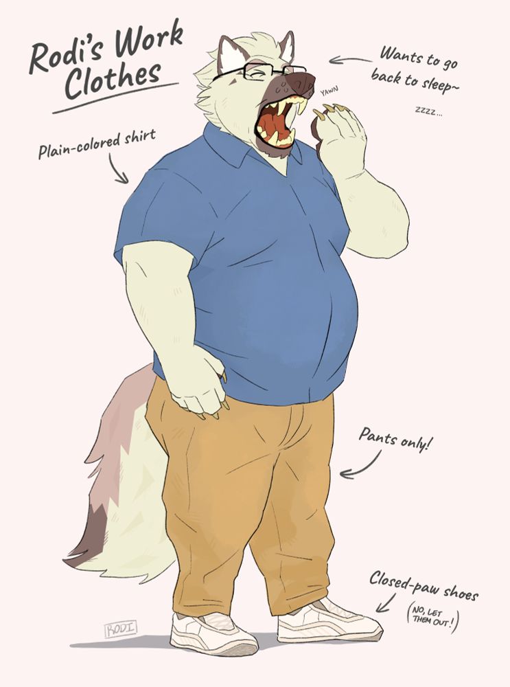 Rodi in his work clothes (short sleeve button down, pants, tennis shoes). He’s also yawning cause he’s tired in the morning