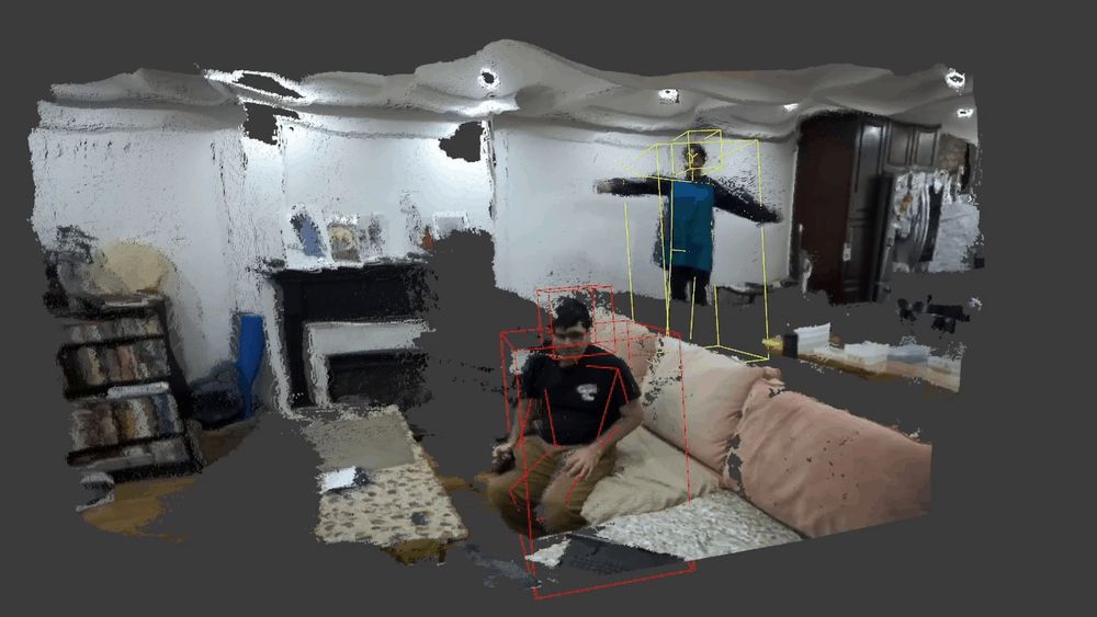 A person on a couch waving, another behind them jumping on a trampoline. Both have a skeleton algorithm on that is tracking their movements.