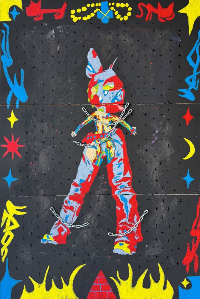 a brightly colored mixed media painting on a textured black background. there is a colorful illustrative frame of devils, flames, animals, stars, suns, a pyramid, and more. the central figure is a warped version of skips wearing a pup mask and leather chaps, restrained by actual metal chains that sit on top.