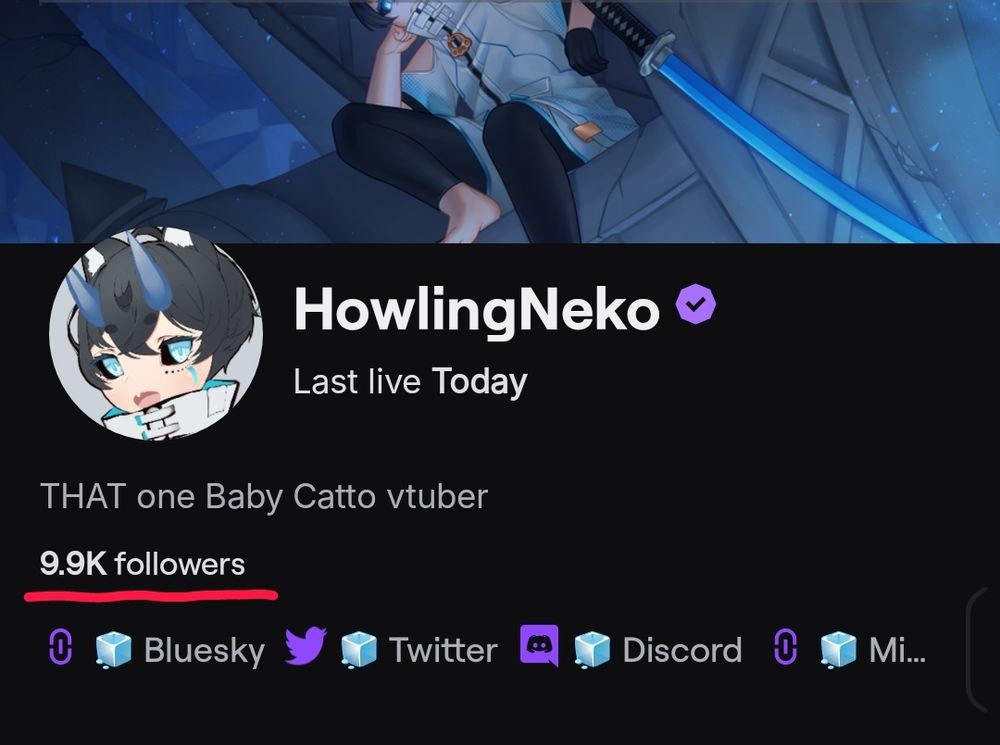 Screenshot of howlingneko's twitch page, tracking his current follow-count which sits on approximately 9900 followers. Not much left til he reaches the big milestone of 10000 followers!!