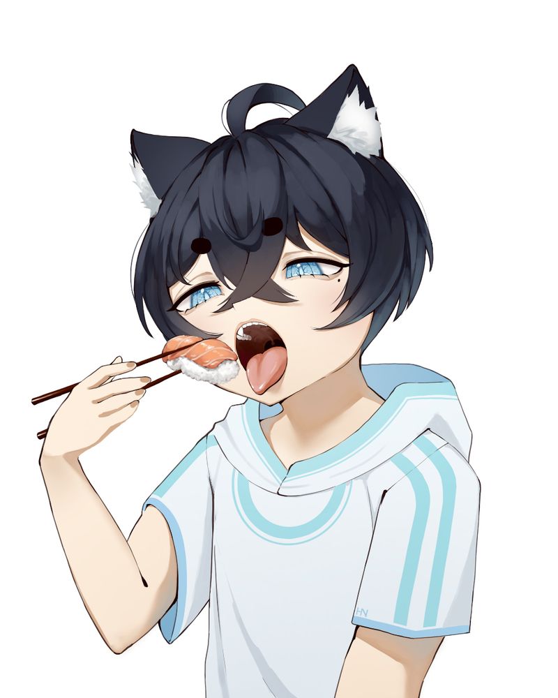 Artwork of the vtuber HowlingNeko eating a delicious juicy piece of salmon nigiri sushi. Holy snap this really looks tasty and visually appetizing. Enjoy 💙