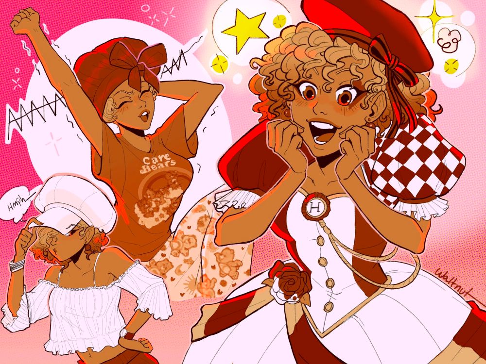 An illustration sketch page of a cute curly haired girl in various frilly costumes and attire