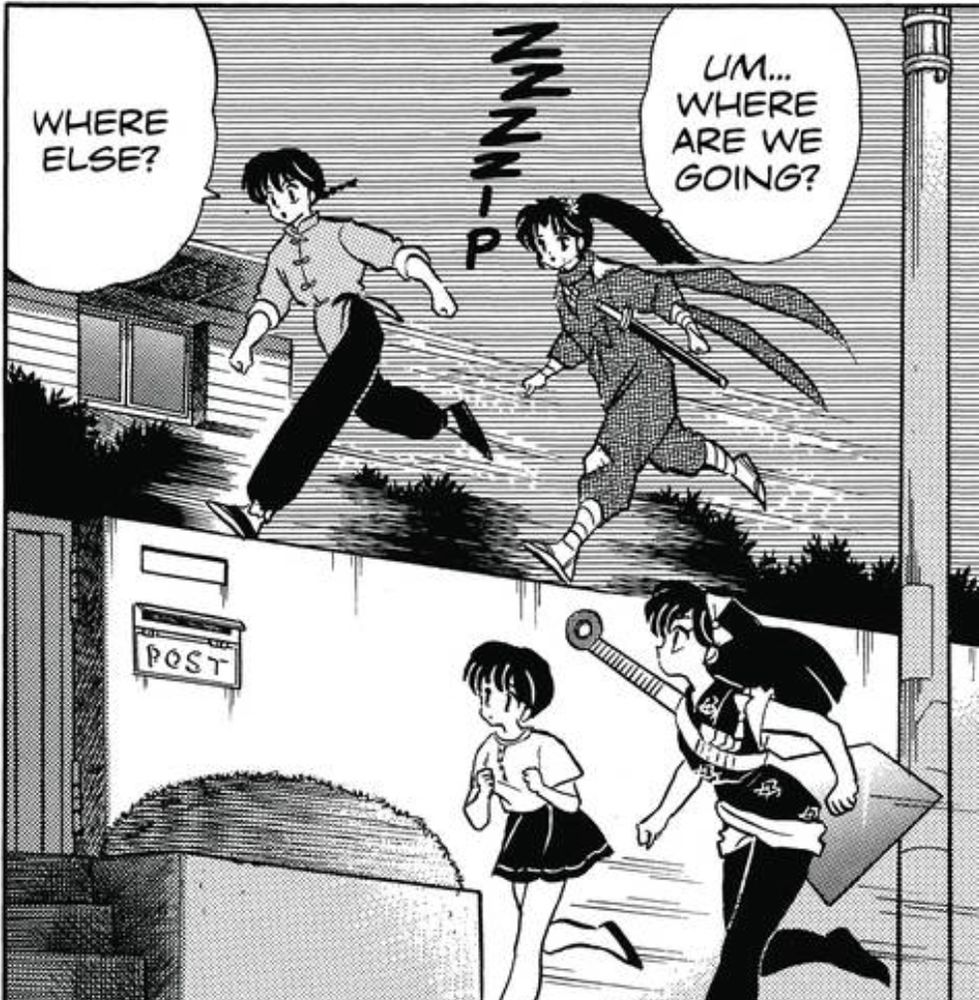 Ranma (boy-type), Konatsu, Akane and Ukyo running together 