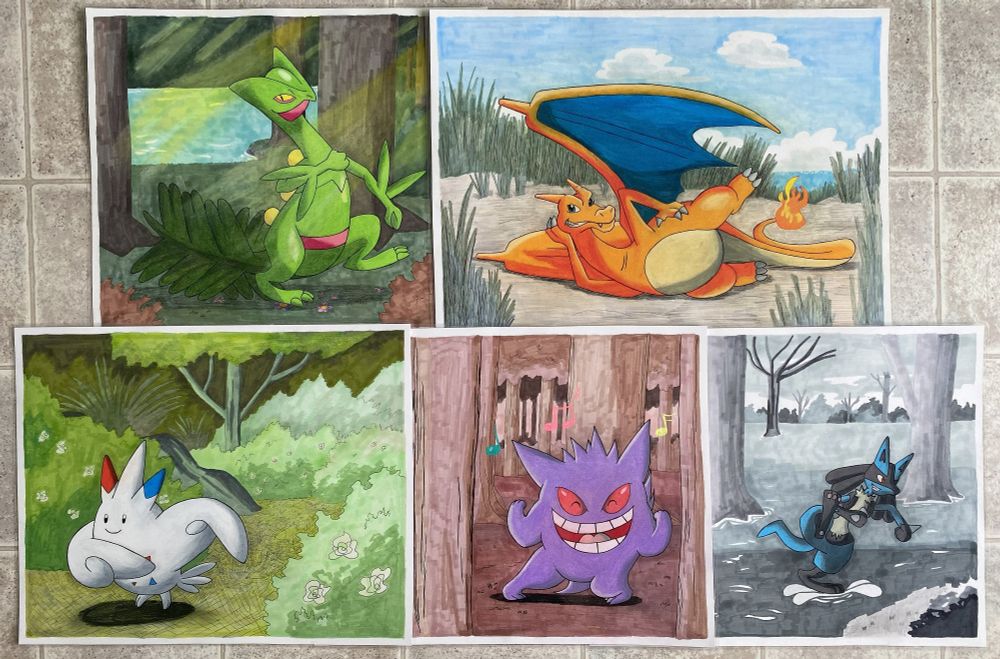 A collection of drawings featuring my favorite Pokémon! Sceptile, Charizard, Togekiss, Gengar and Lucario.
