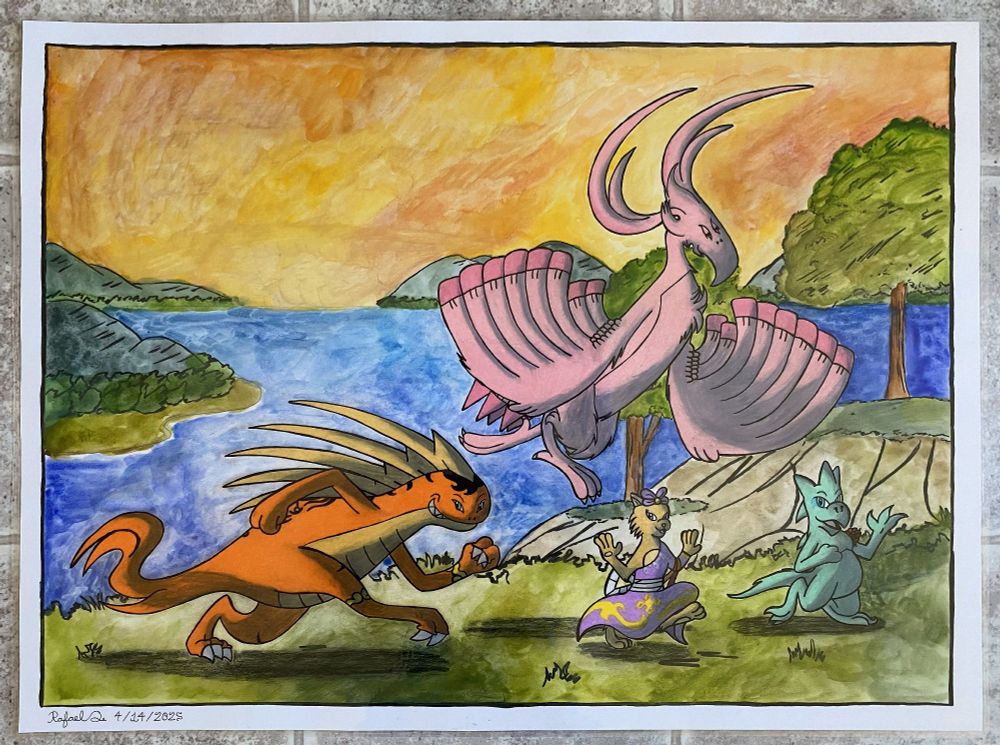 A watercolor painting of all of my four main characters! They are all running by as the sun is setting. 

(From top to right: Niji, Slasher Manderla, Kera Lyttenna and Alanor Manderla)
