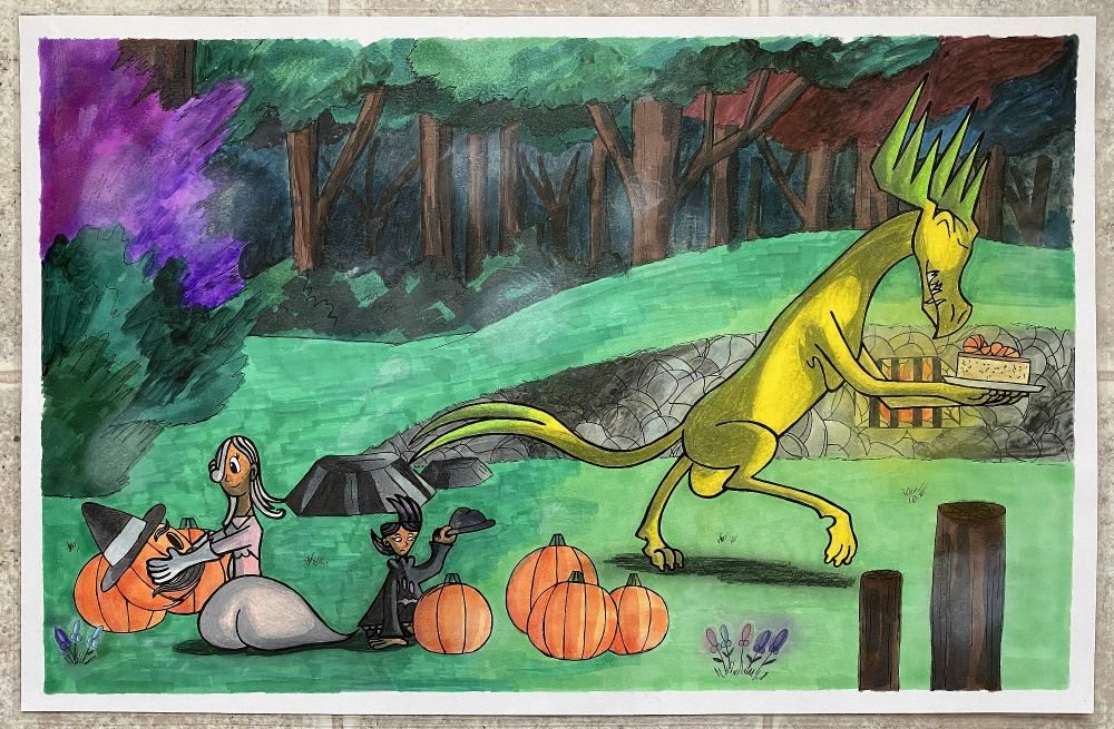 A Halloween painting featuring Akshara and Chanda carving and decorating pumpkins while Root is sneaking away with a piece of cake. 

Titled: 'Pumpkin Carving Is Jacked Up'
