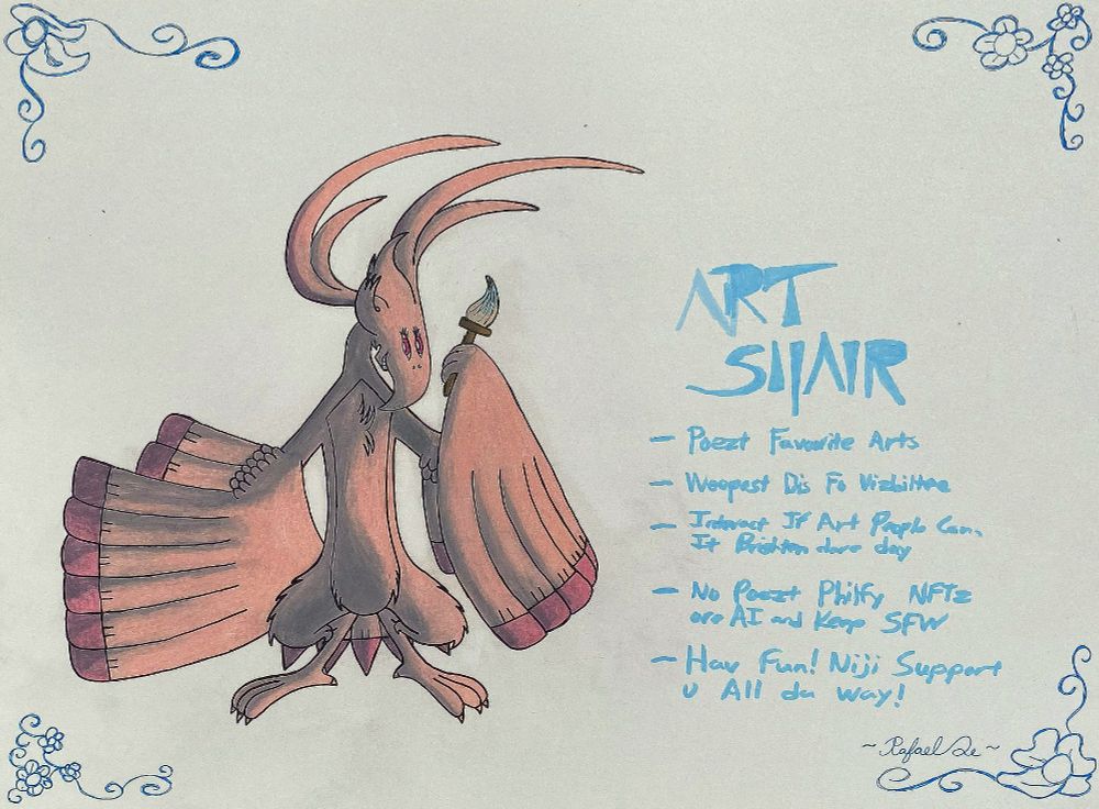 Niji hosting an Art Share! (Translating what she is saying here if you can't read her writing)
~ Post your favorite art pieces
~ Repost this for visibility
~ Interact with others if you want. Its always good to support other fellow artists!
~ No NFTs or AI whatsoever and keep it SFW.
~ Have fun!
