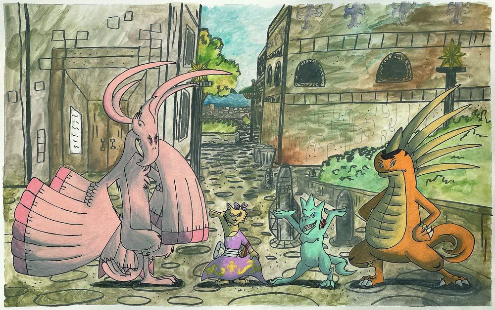 A watercolor painting of Niji, Kera, Alanor and Slasher posing together in the upper part of the city. This is drawn for the 10 year anniversary of Niji The Phoenix!
