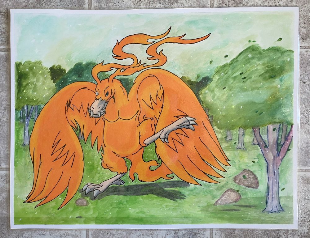 A watercolor painting of my favorite Digimon of all time, Birdramon! She is stomping her way through the woods all rough and tough.
