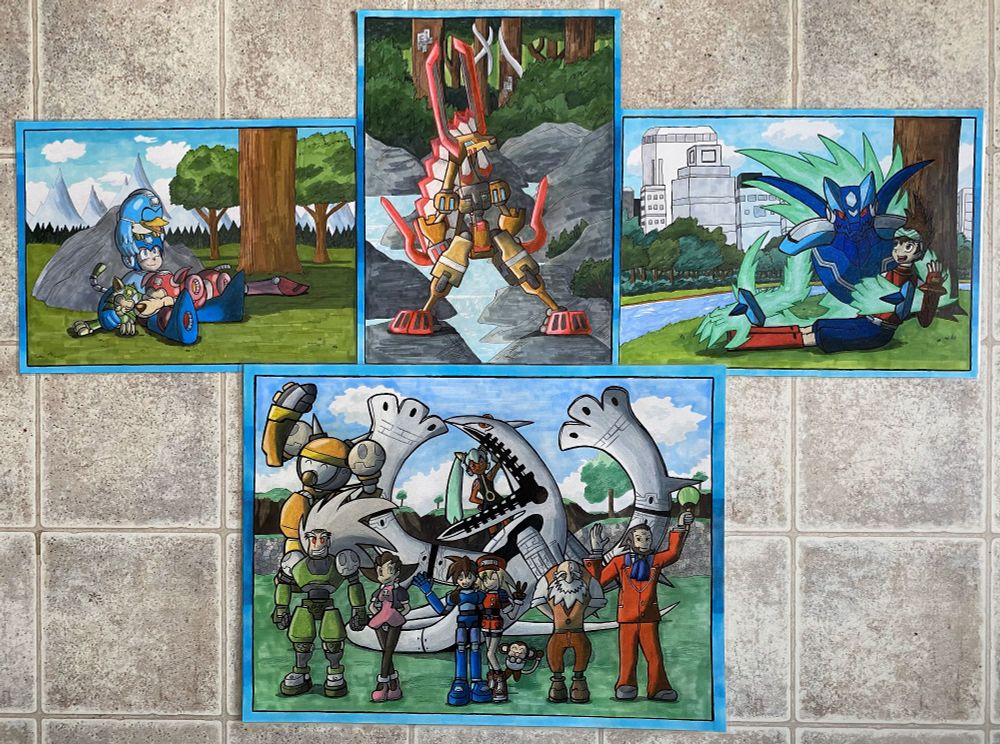 A few drawings of characters from various Mega Man games! Mega Man with his pets Rush the dog, Beat the bird and Tango the cat, Grey in his Buckfire form from Mega Man ZX Advent, Geo Stelar and Omega-Xis from Mega Man Star Force and Mega Man Volnutt, Roll Caskett, Data and the many allies and enemies they form from Mega Man Legends 2!
