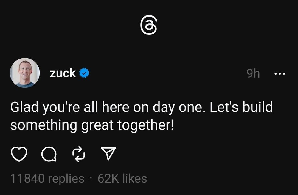 The screenshot shows a post by Mark Zuckerberg on the new social media platform called "Threads." His statement reads: "Glad you're all here on day one. Let's build something great together!" 