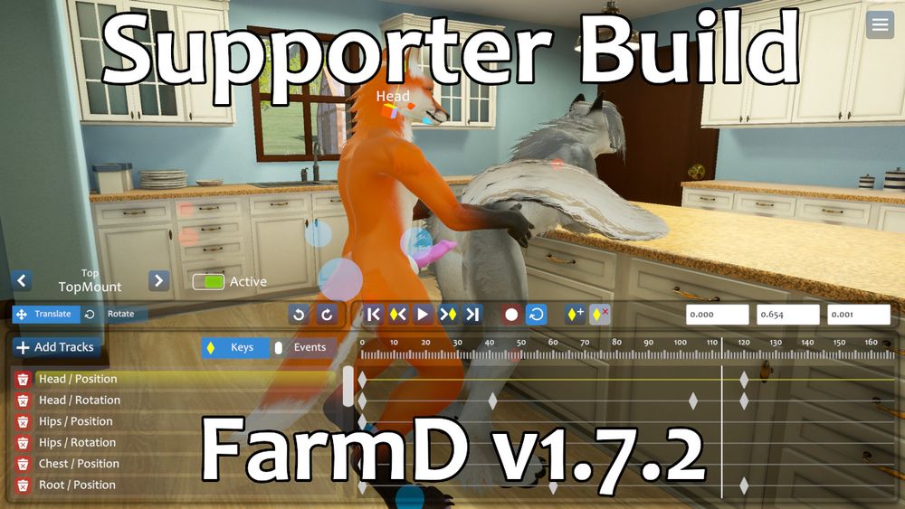 Screenshot of the game, featuring two characters posed in a sex position. The UI of the animation editor is shown with timeline and animation tracks.