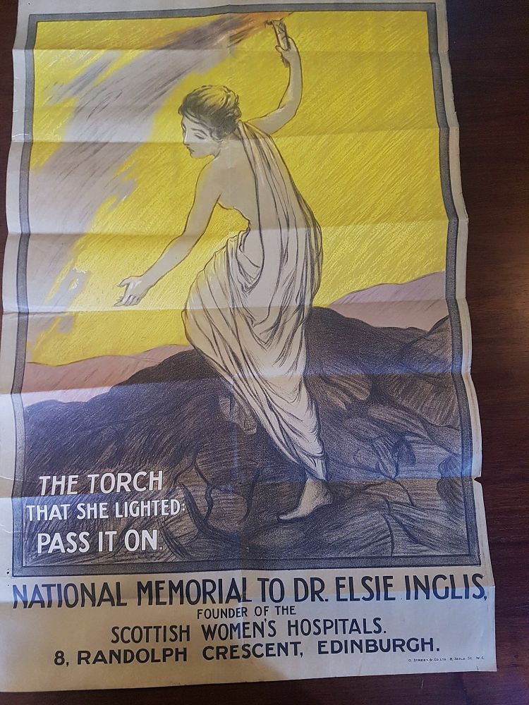 Art deco style poster dedicated to Dr Elsie Inglis in striking colours with the inscription 'The Torch That She Lighted: Pass it On".