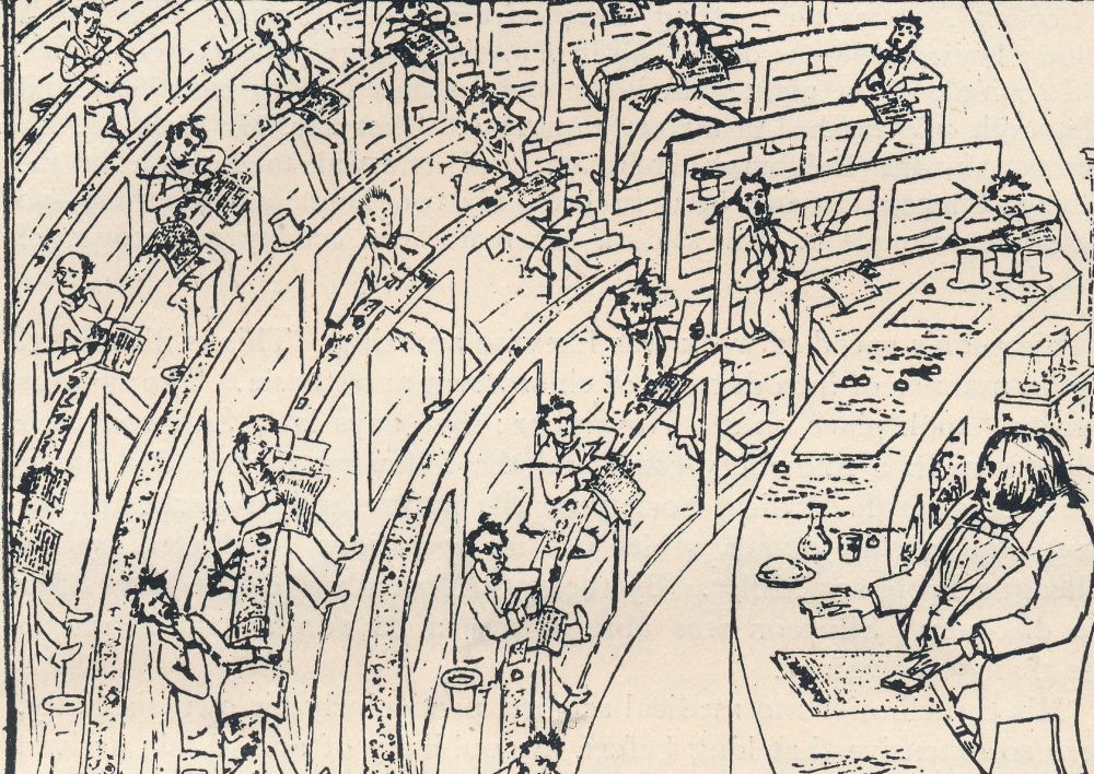 A pencil sketch of James Young Simpson lecturing.